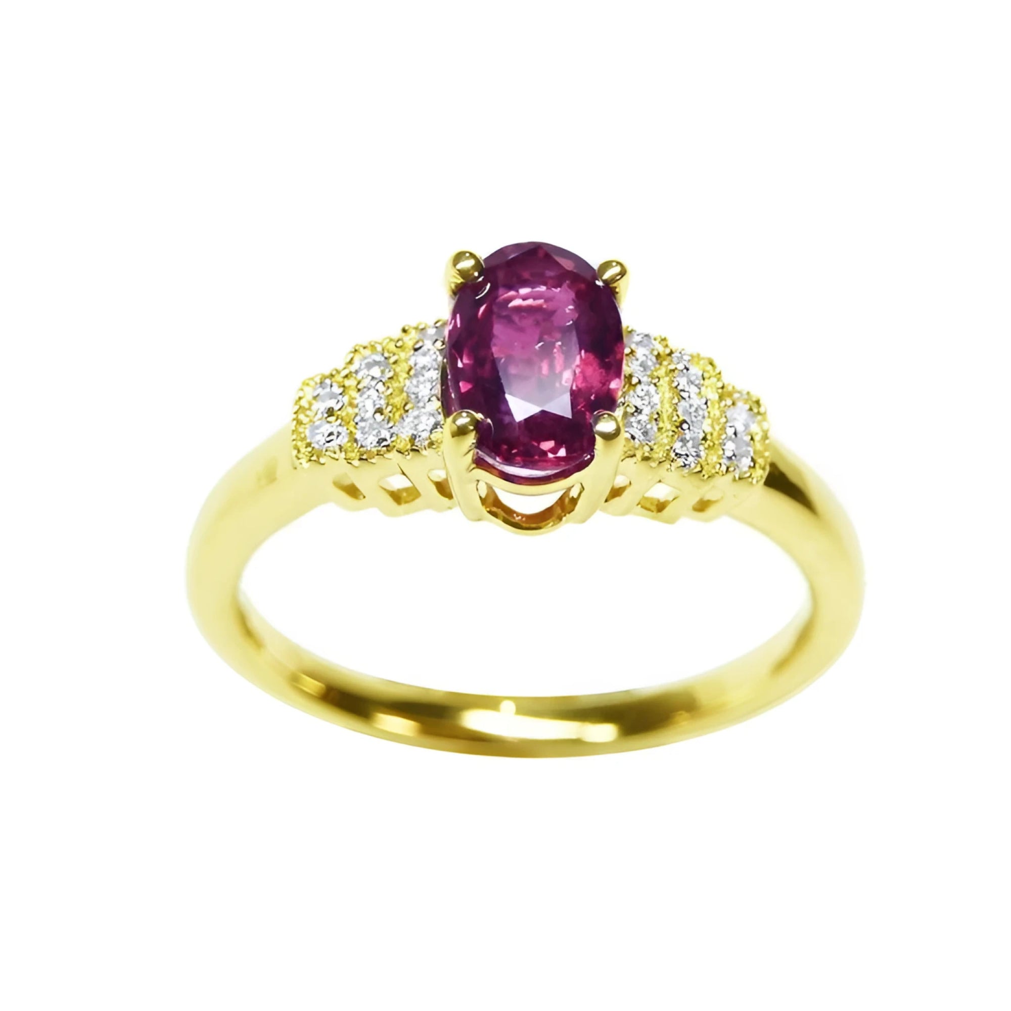 14k yellow gold women's ring with a deep red oval cut ruby and sparkling side diamonds.