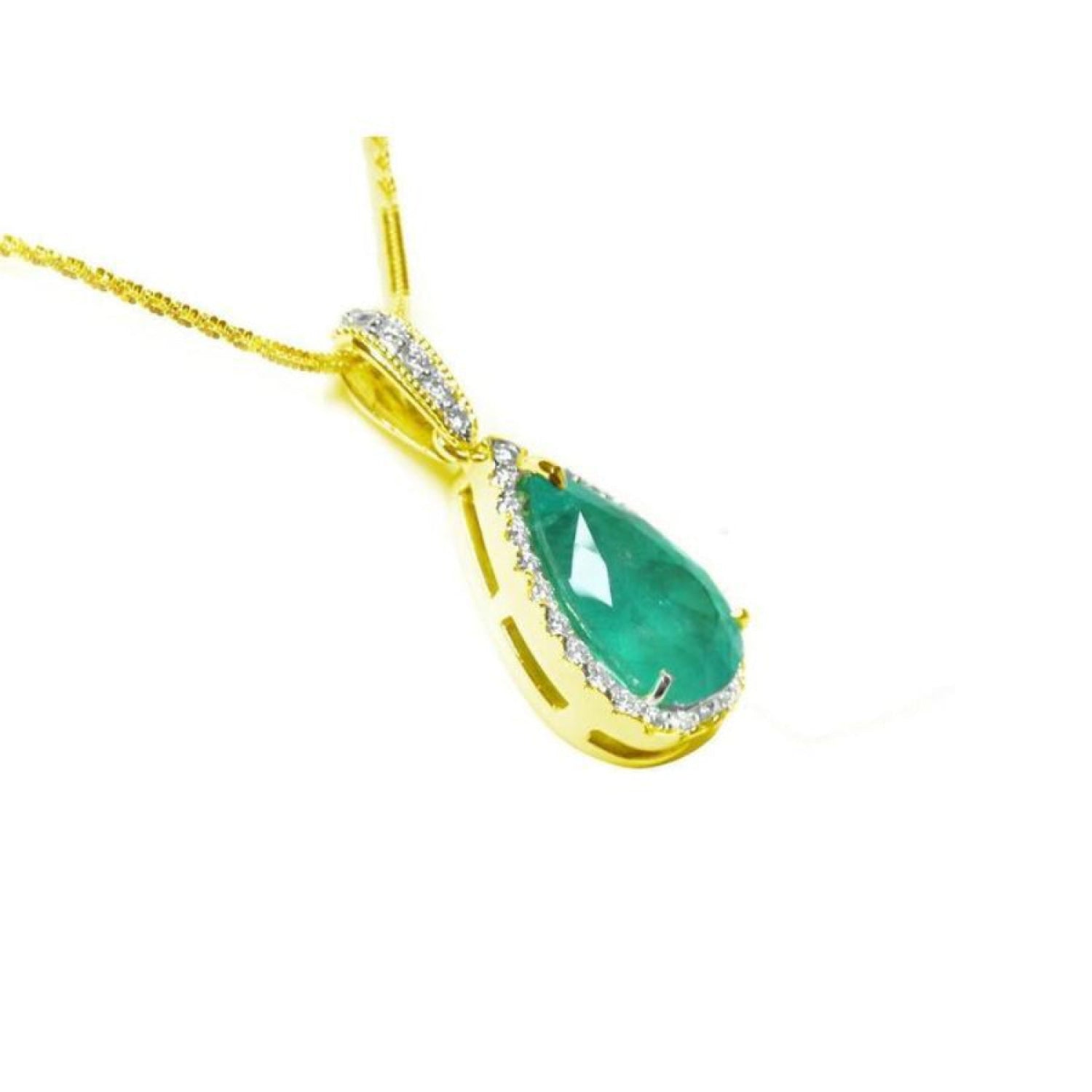 18K yellow gold teardrop emerald pendant with diamond halo on a delicate chain.