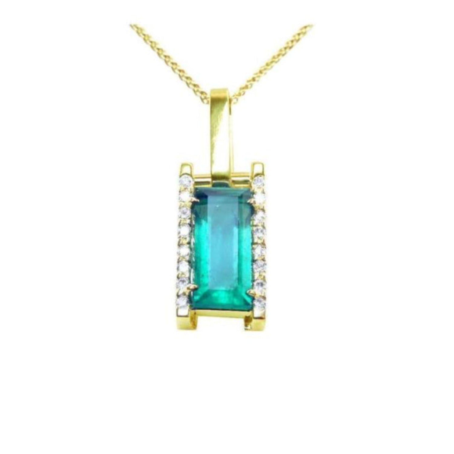 Baguette cut Colombian emerald pendant in 18K yellow gold with diamond accents.