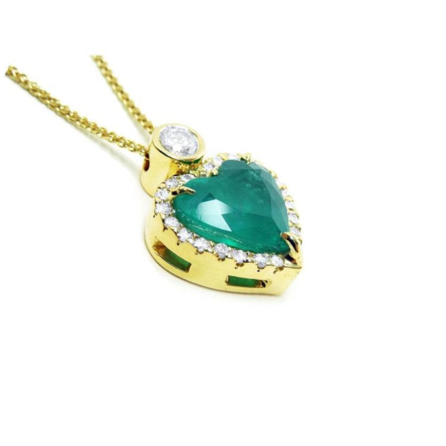 18k yellow gold heart pendant with a bluish-green emerald haloed by diamonds on a delicate chain.