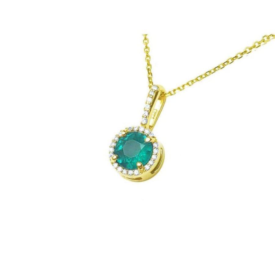 0.88 ct. round cut Colombian emerald pendant necklace with halo diamonds in 14K gold.
