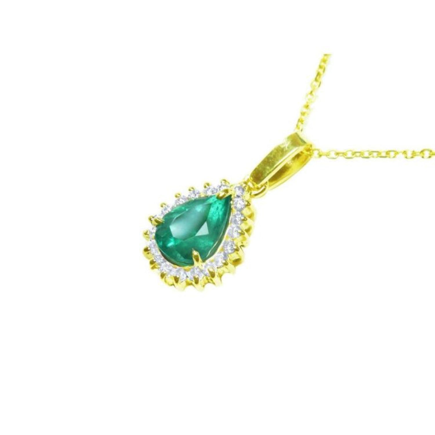 Pear-shaped Colombian emerald pendant with halo diamonds on a 14K yellow gold chain.