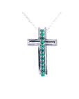 14K white gold cross pendant with a vertical row of round cut Colombian emeralds.