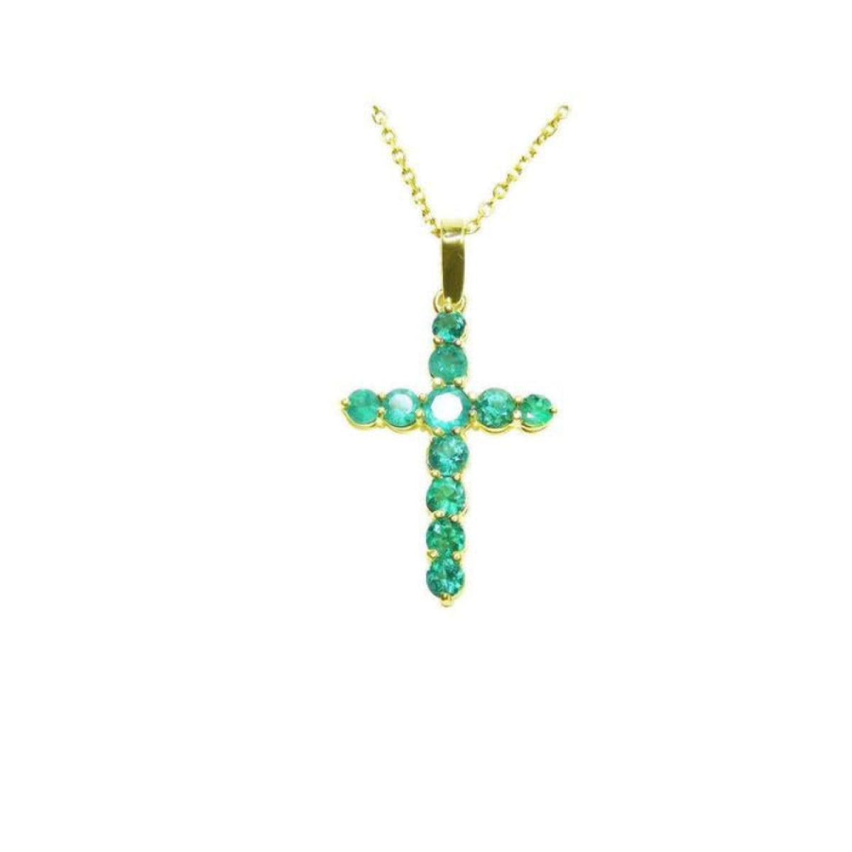 18K yellow gold cross pendant necklace with genuine round cut colombian emeralds.