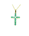 18K yellow gold cross pendant necklace with genuine round cut colombian emeralds.