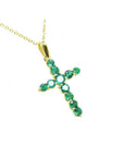 18K yellow gold cross pendant necklace with genuine emeralds.