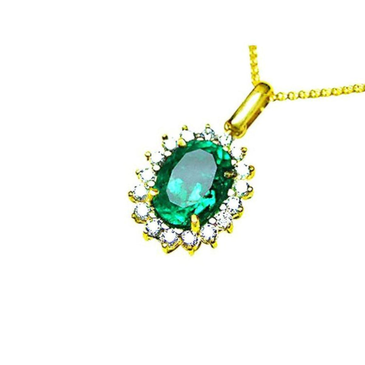 Oval natural colombian emerald pendant with halo diamonds in 18K yellow gold.