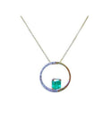 1.08 ct emerald pendant with natural diamonds and polished 14K gold "Circle of Life" design on a delicate chain.