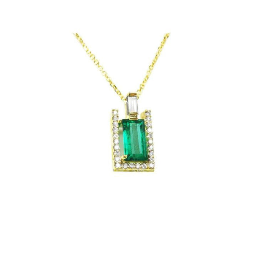 1.14 ct baguette emerald pendant necklace with natural diamonds in 14K yellow gold.