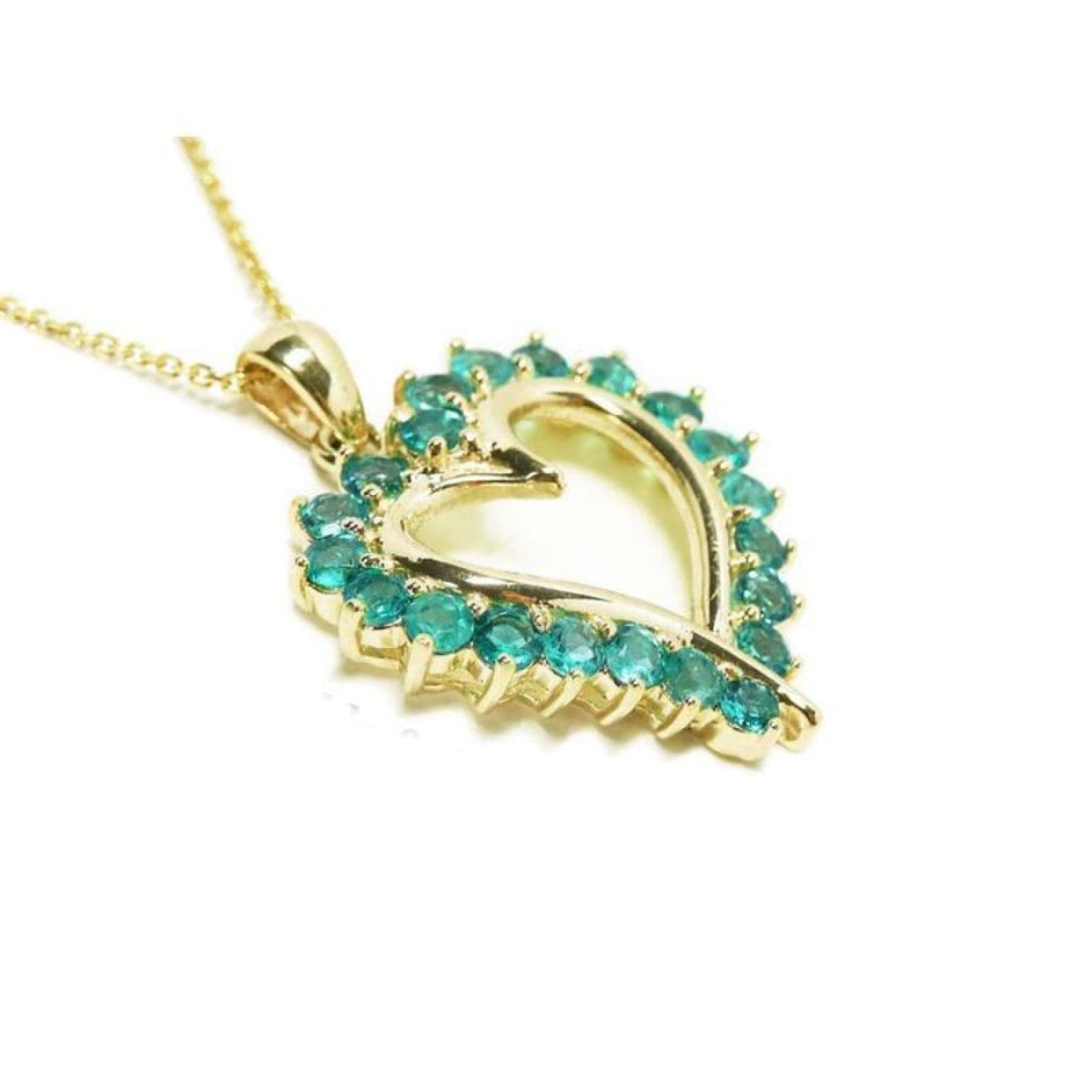 14K gold heart pendant necklace with brilliant round Colombian emeralds.