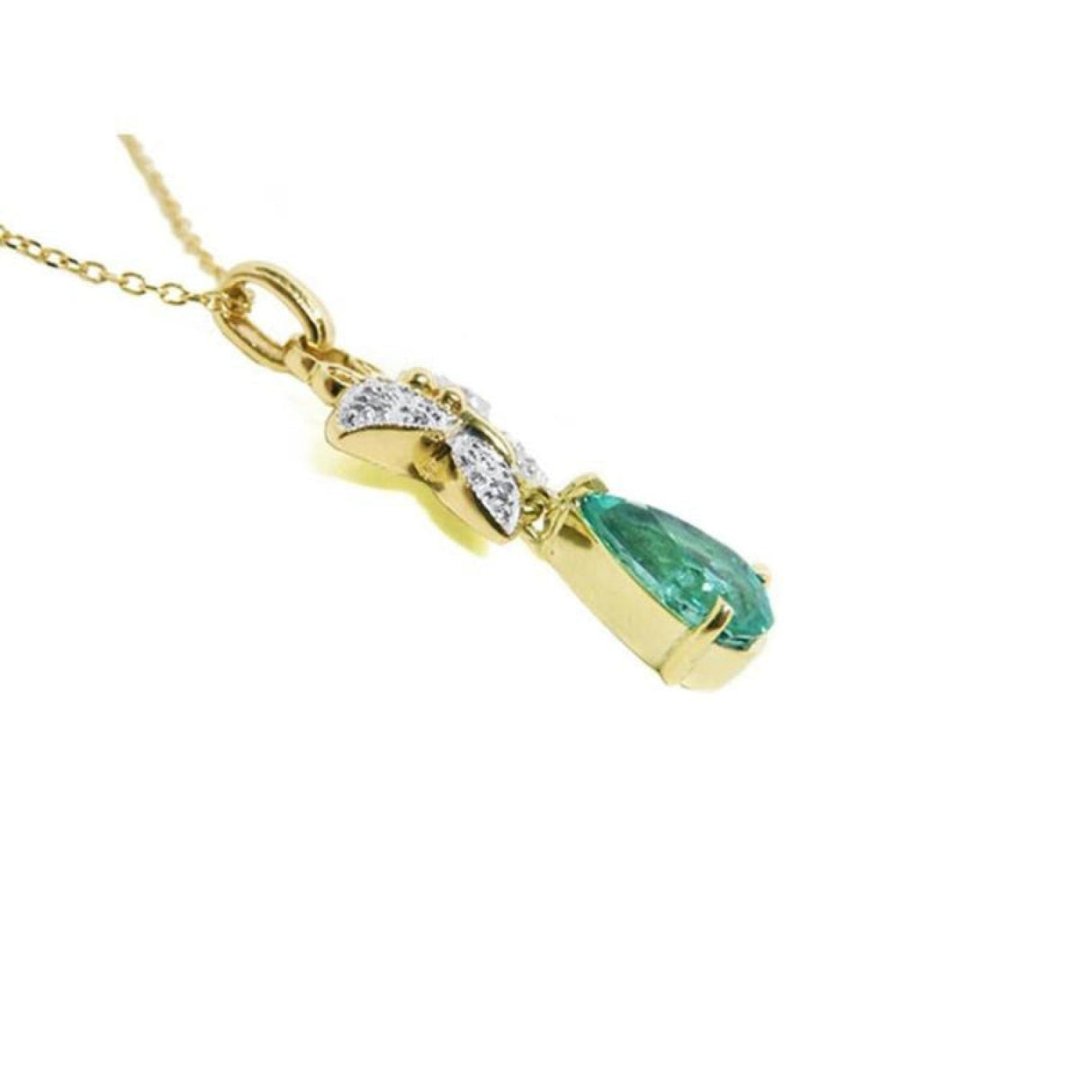 14K gold butterfly pendant with a pear-shaped emerald and pavé diamonds.