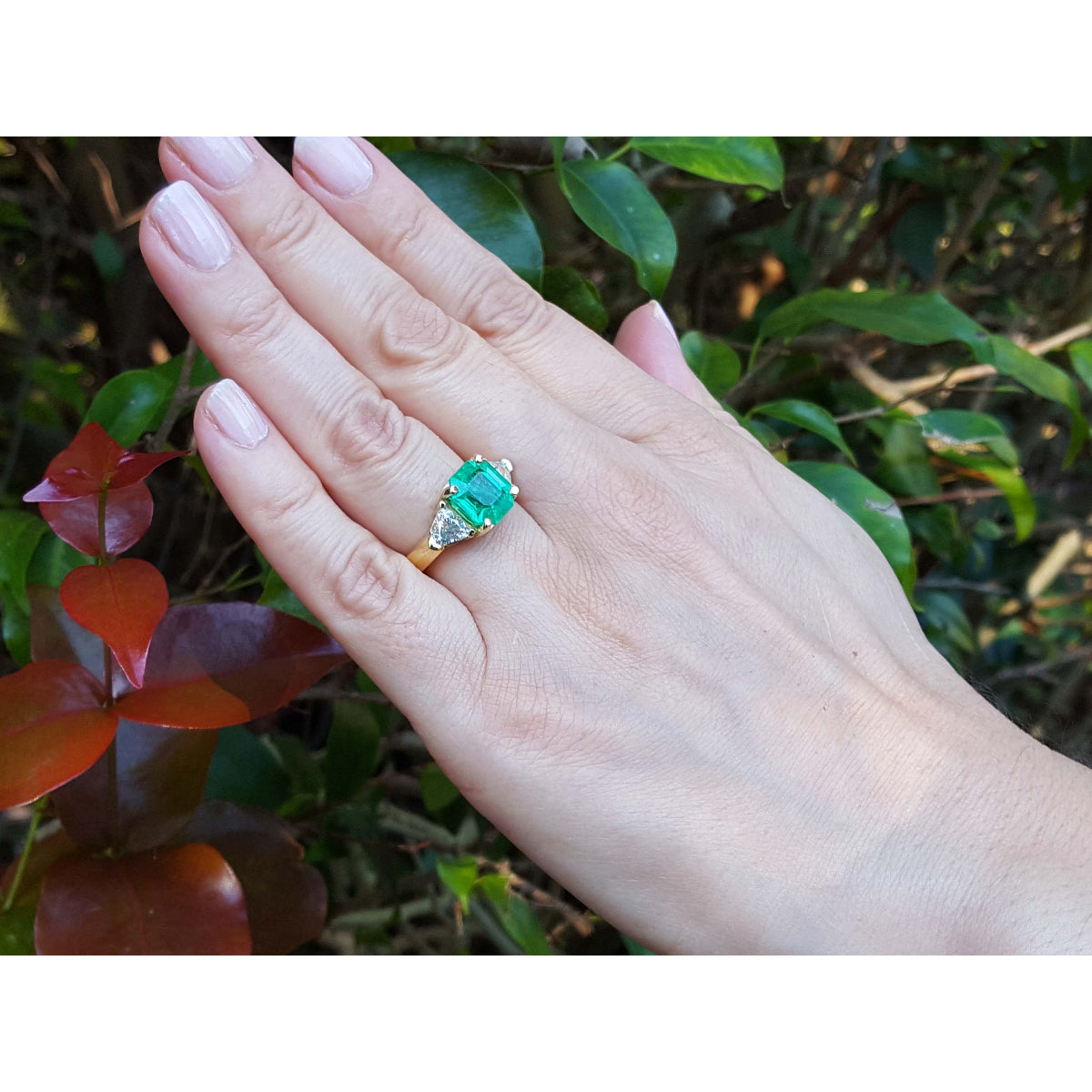 Mano de mujer con un anillo de esmeralda cuadrada en oro amarillo con un fondo natural borroso.