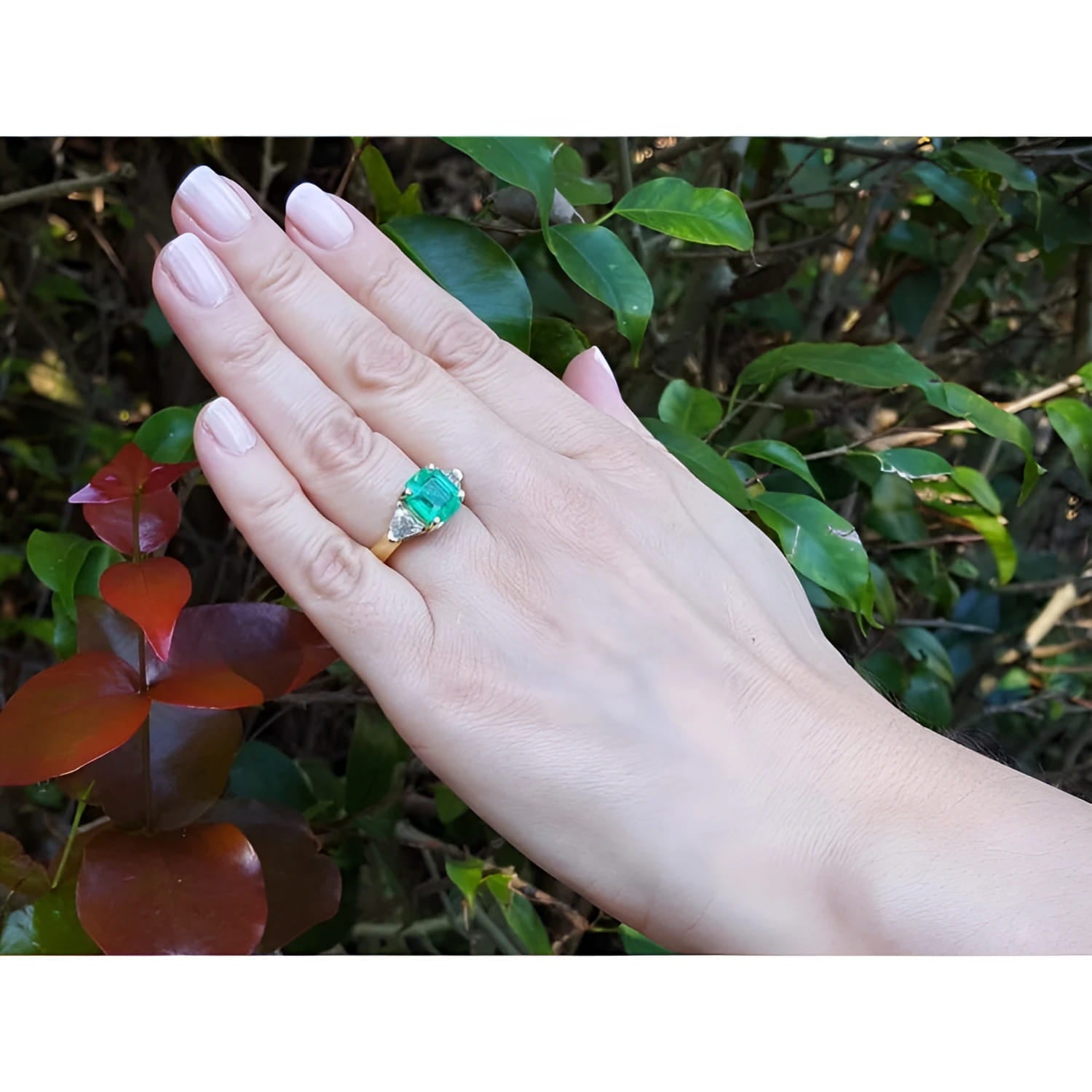 Anillo de oro 18k con esmeralda colombiana Muzo de 4.16 ct verde brillante y diamantes en mano.