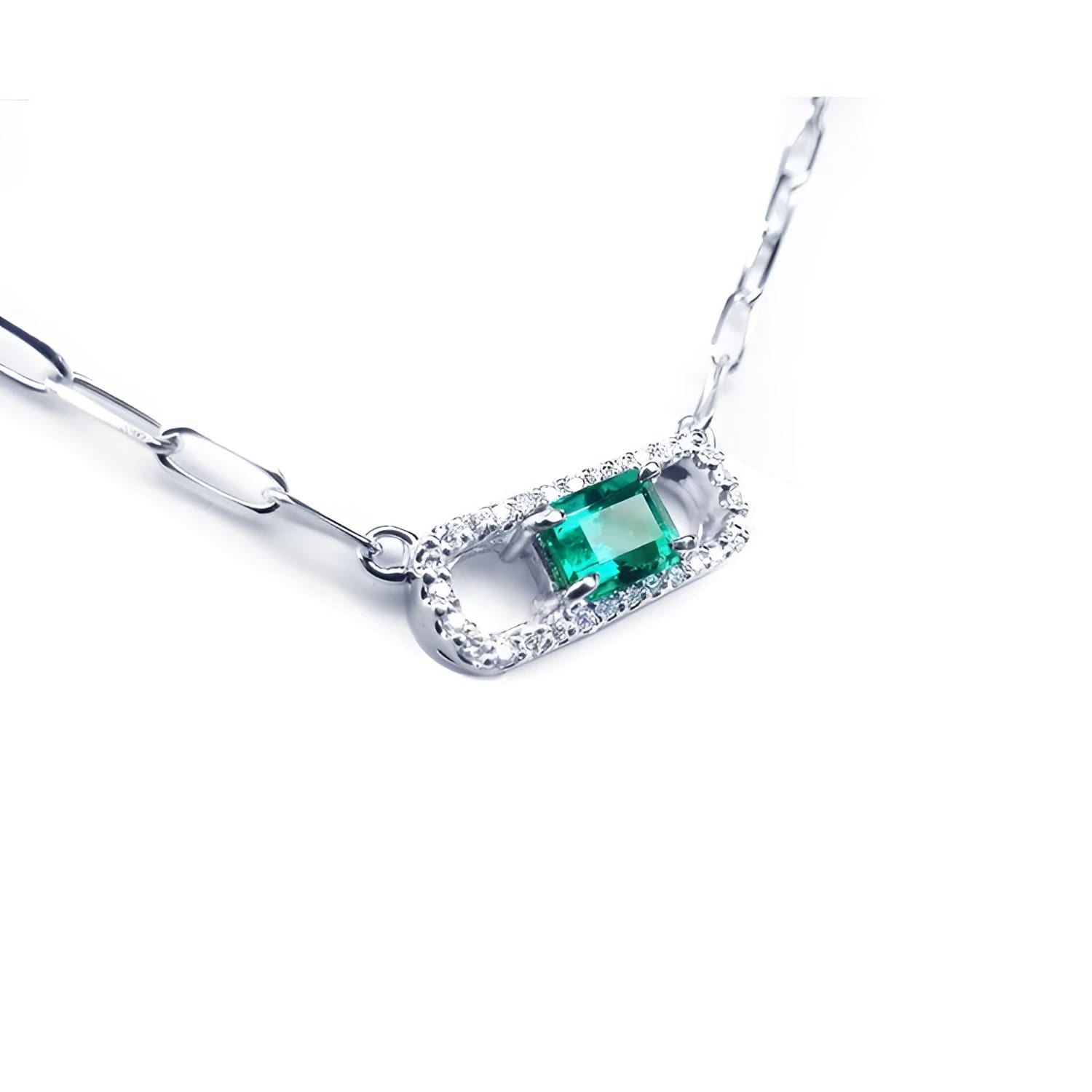 women's Paper clip natural Colombian emerald necklace halo diamond crafted in 18k white gold