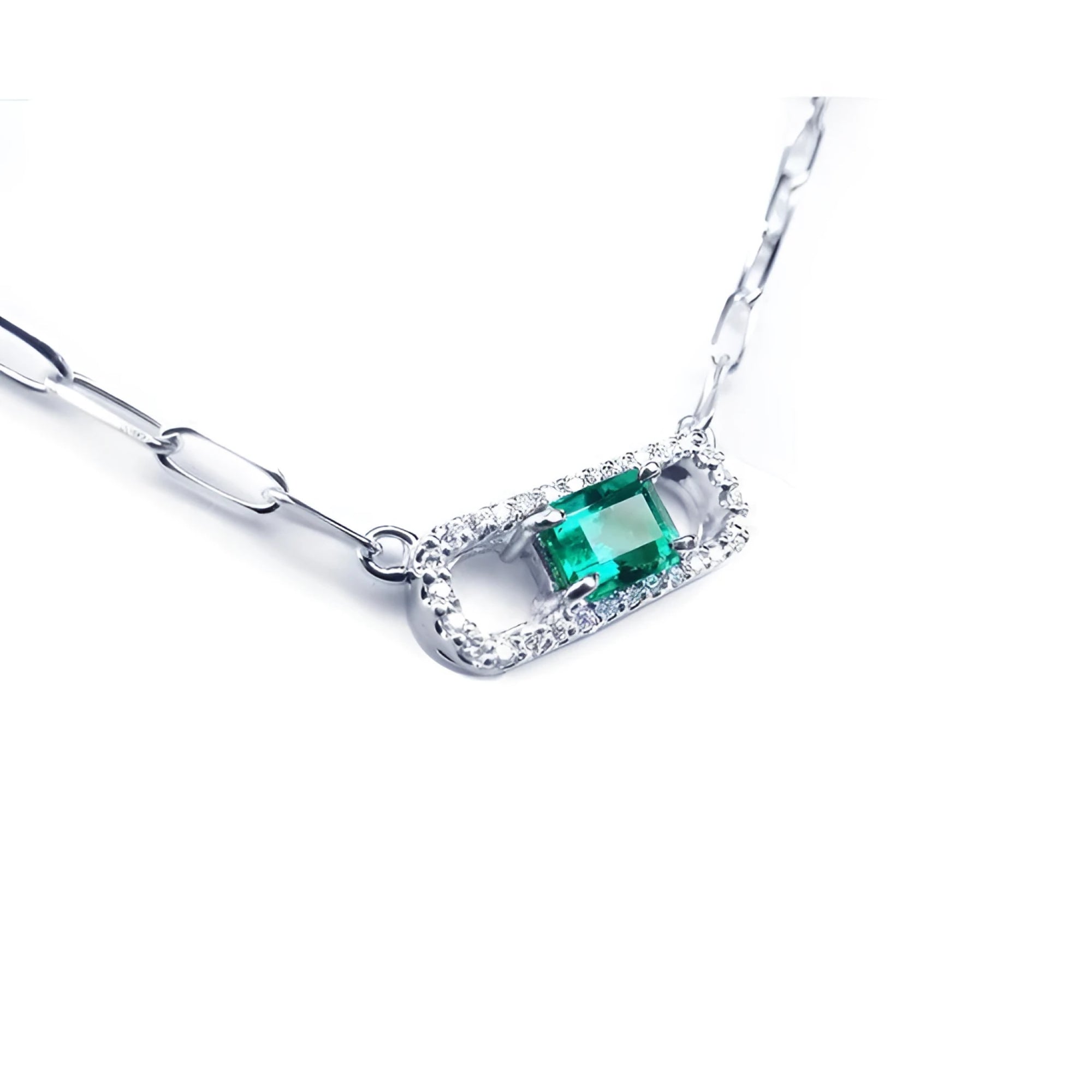 women's Paper clip natural Colombian emerald necklace halo diamond crafted in 18k white gold