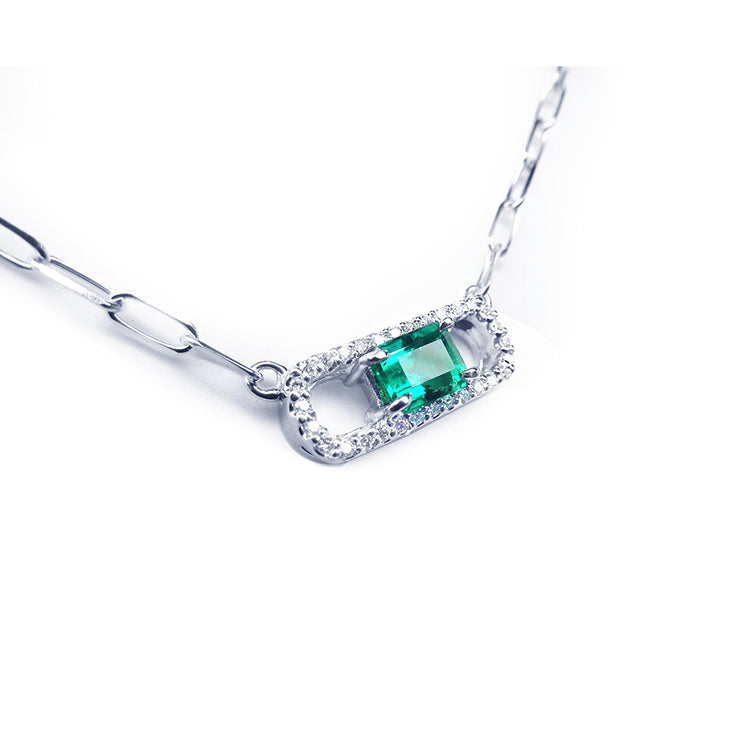 women's Paper clip natural Colombian emerald necklace halo diamond crafted in 18k white gold