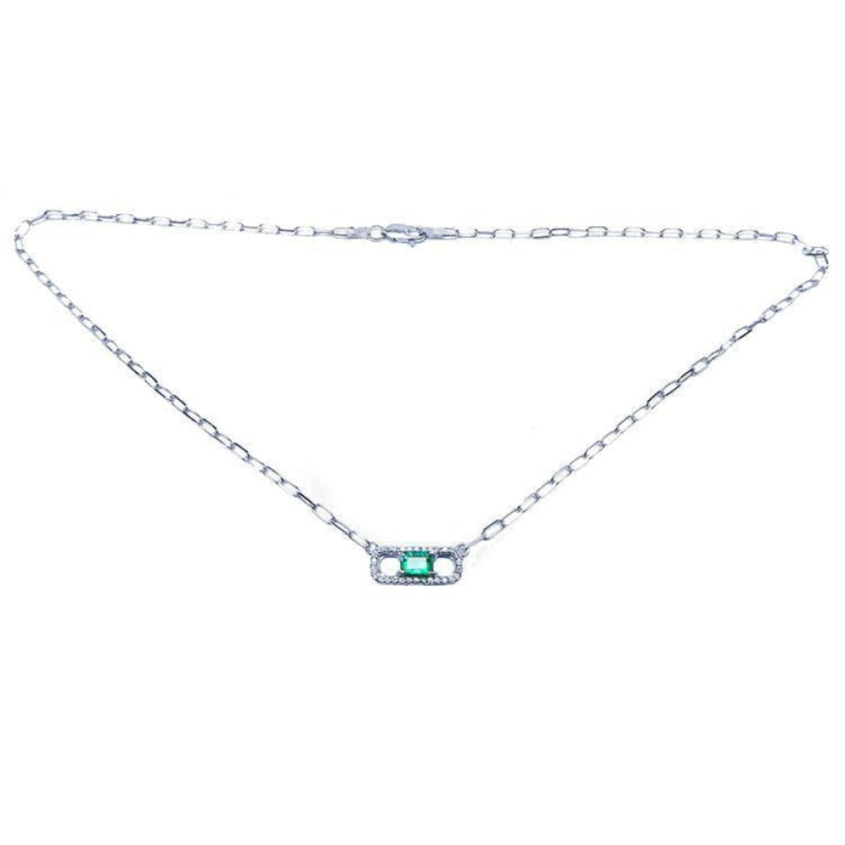 18K white gold paper clip necklace with a vibrant emerald and diamond pendant.