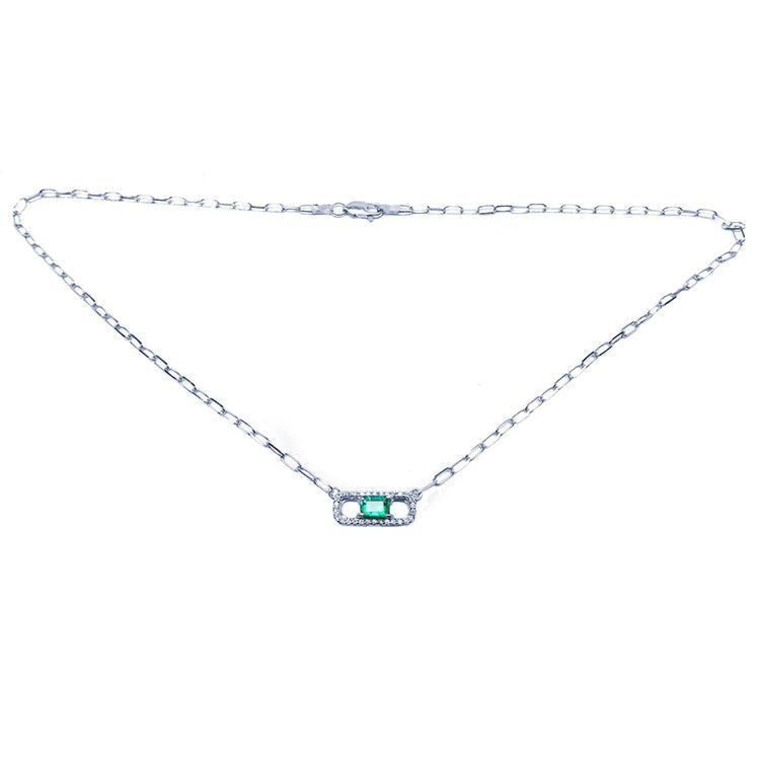 18K white gold paper clip necklace with a vibrant emerald and diamond pendant.
