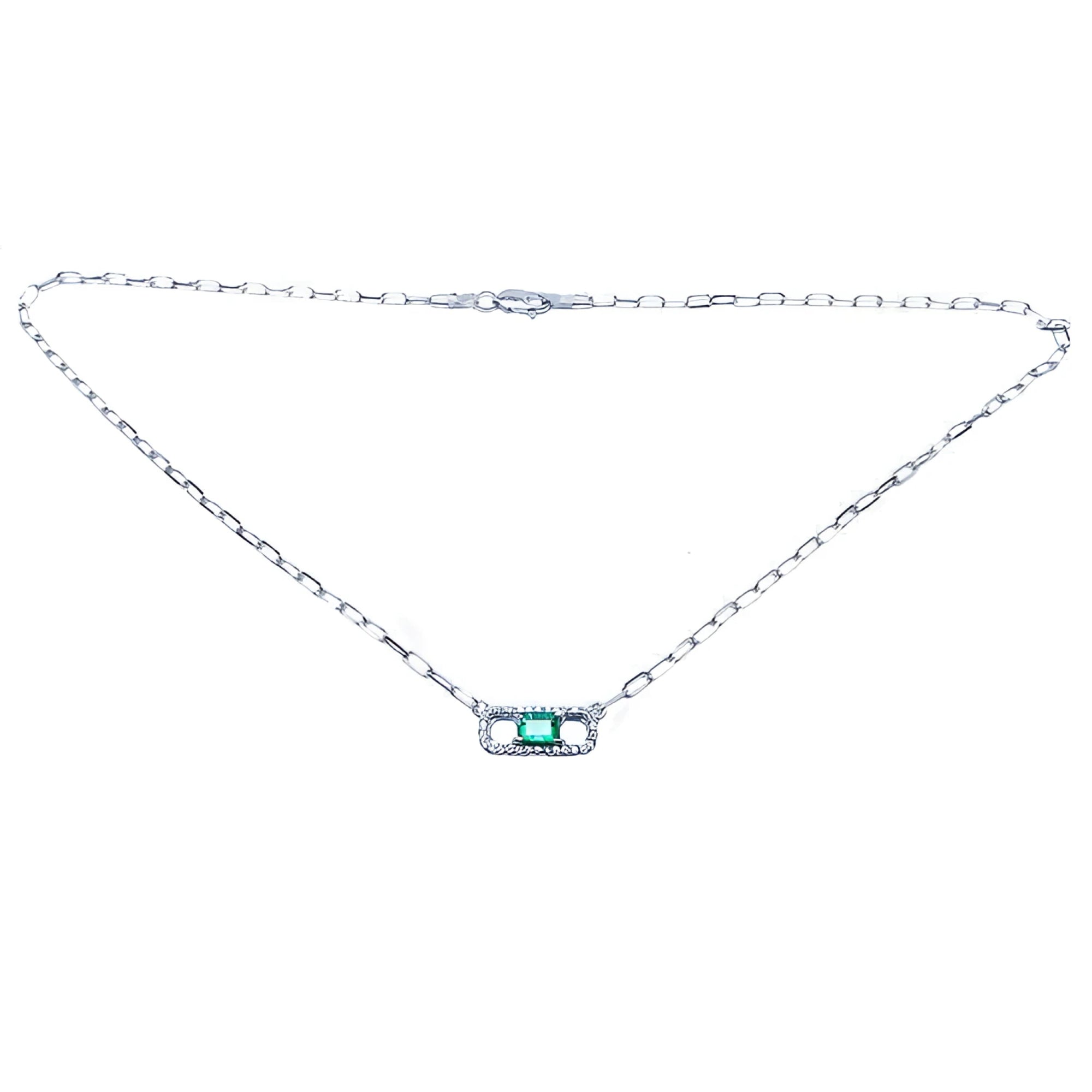 18K white gold paper clip necklace with a vibrant emerald and diamond pendant.