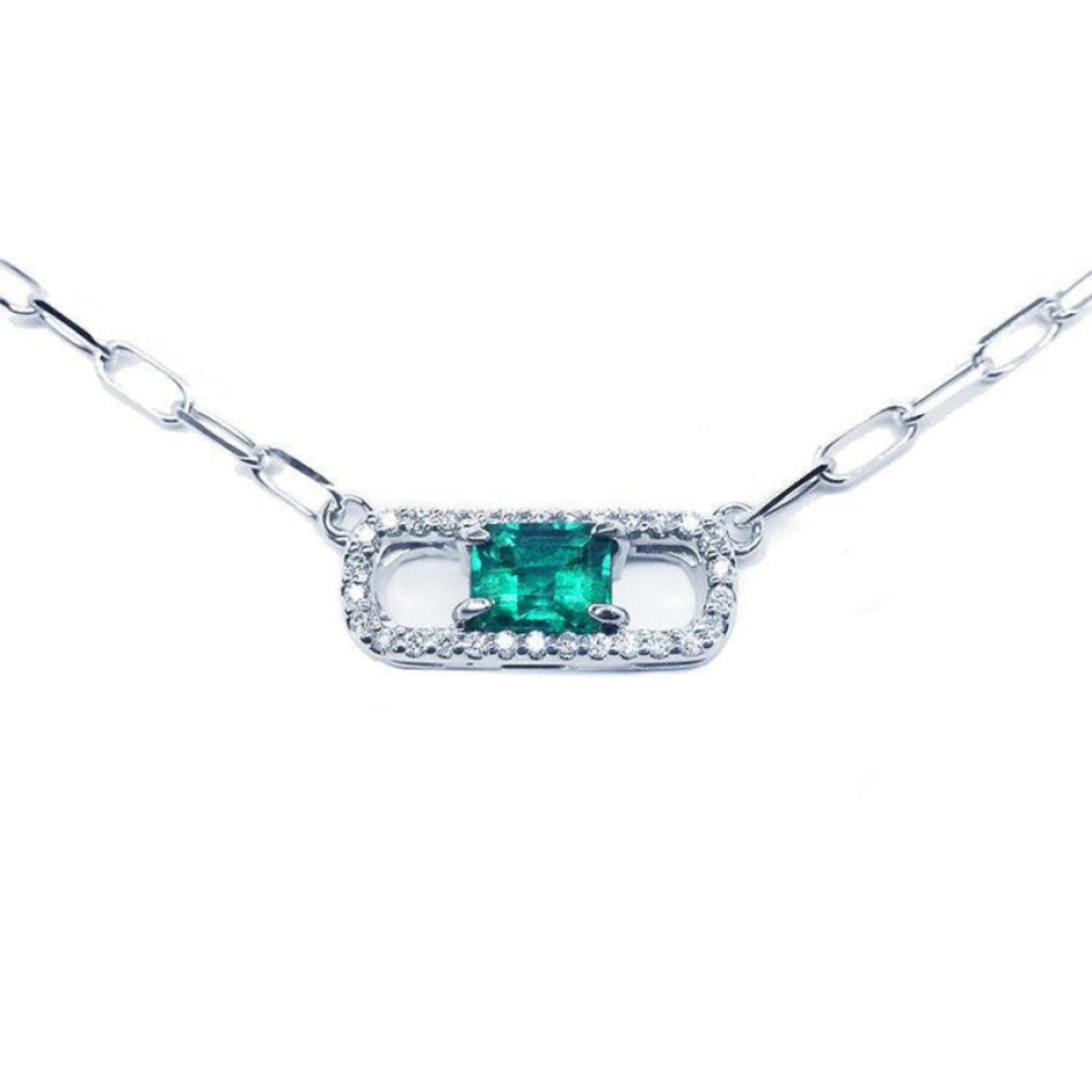 Paper clip natural Muzo Colombian emerald necklace crafted in 18k white gold.