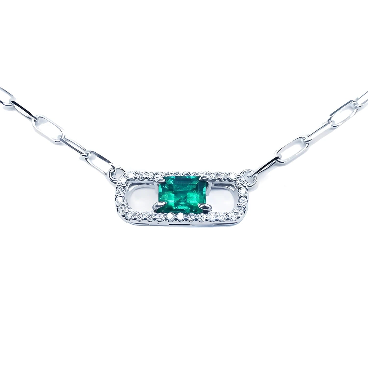Paper clip natural Muzo Colombian emerald necklace crafted in 18k white gold.