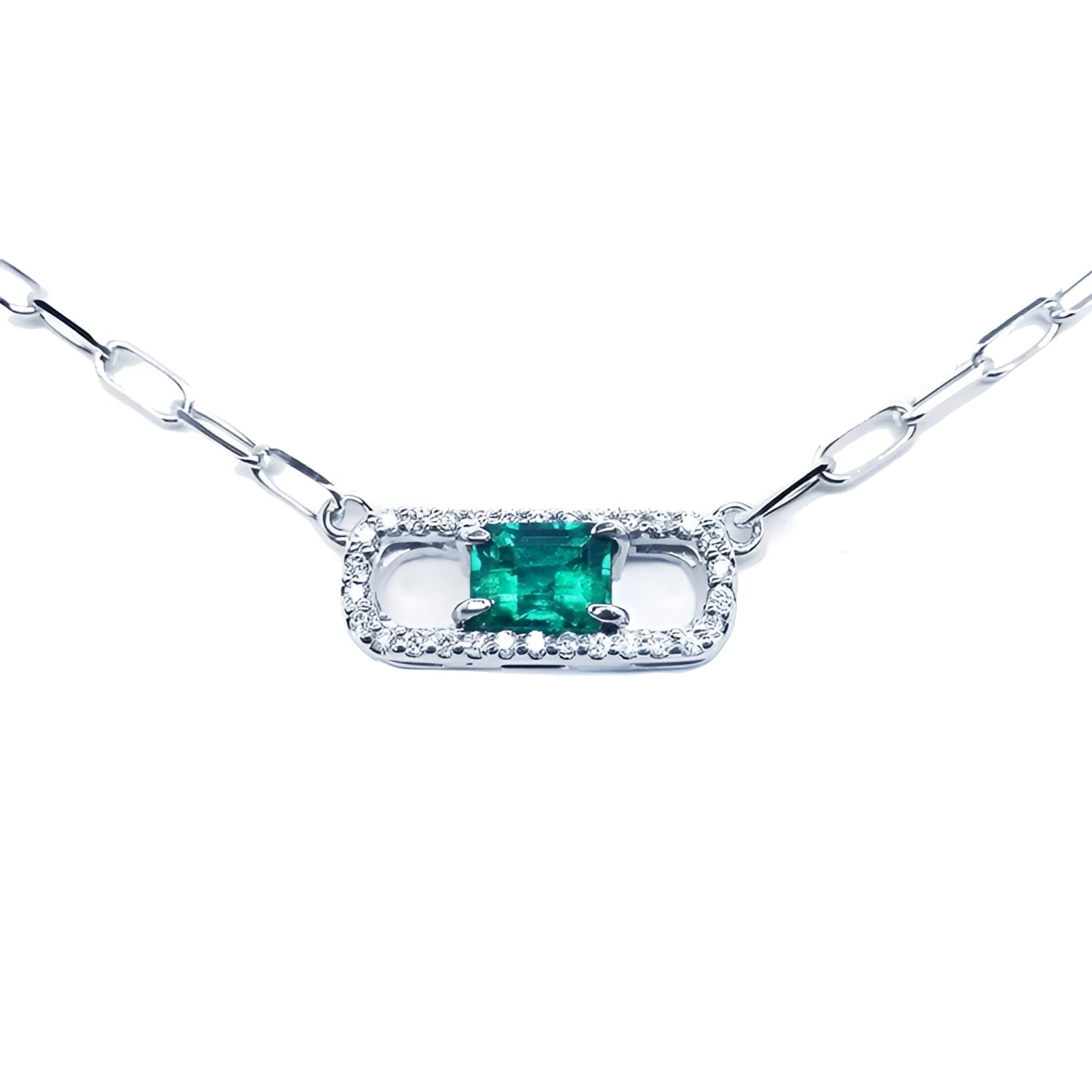 Paper clip natural Muzo Colombian emerald necklace crafted in 18k white gold.