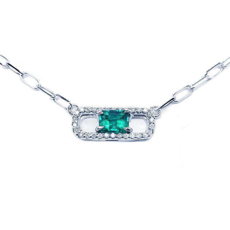 Paper clip natural Muzo Colombian emerald necklace crafted in 18k white gold.