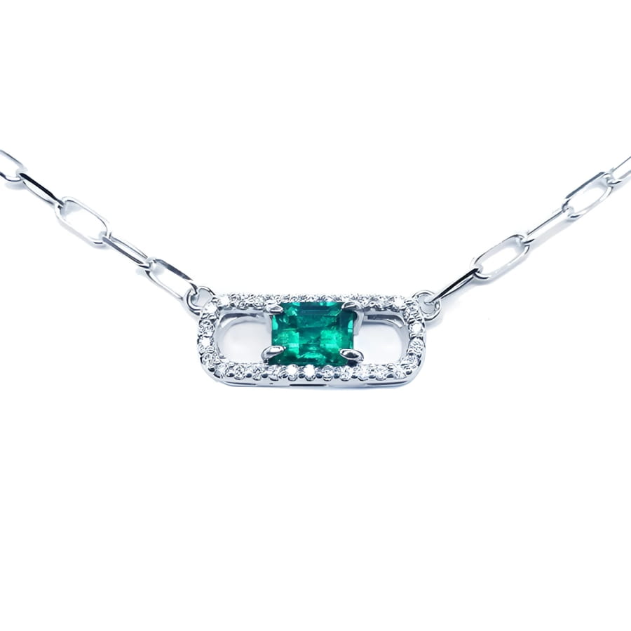Paper clip natural Muzo Colombian emerald necklace crafted in 18k white gold.