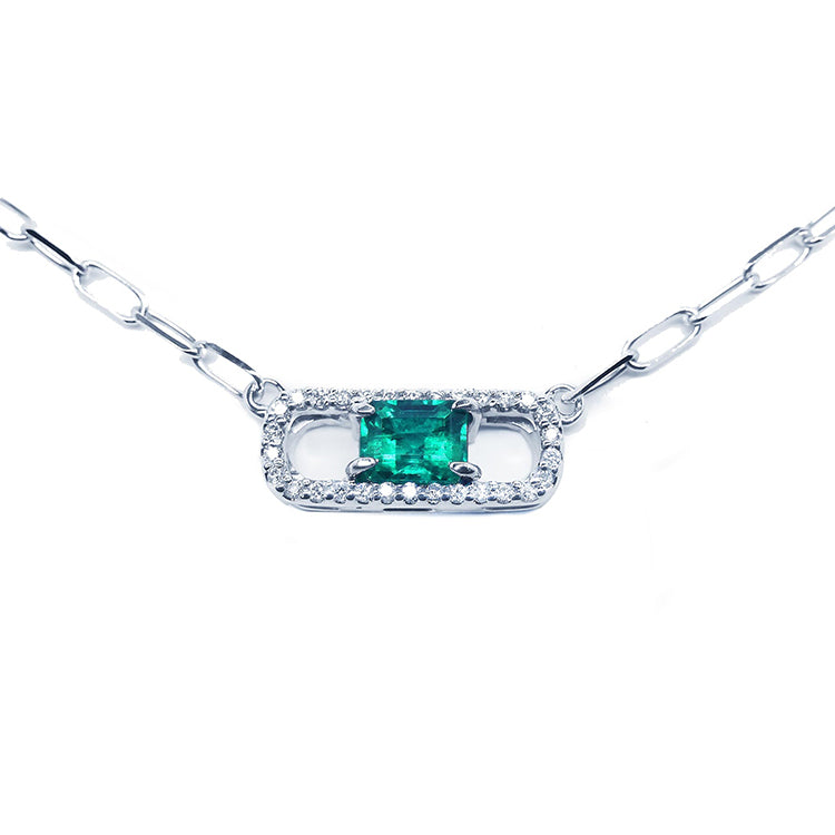 Paper clip natural Colombian emerald necklace crafted in 18k white gold