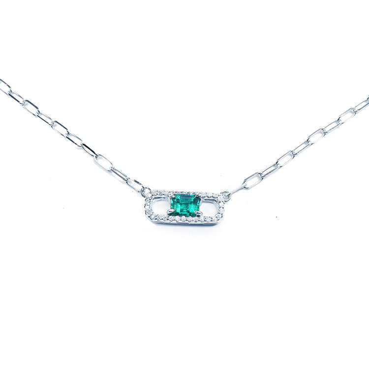 Halo natural diamond Paper clip Colombian emerald necklace crafted in 18k white gold
