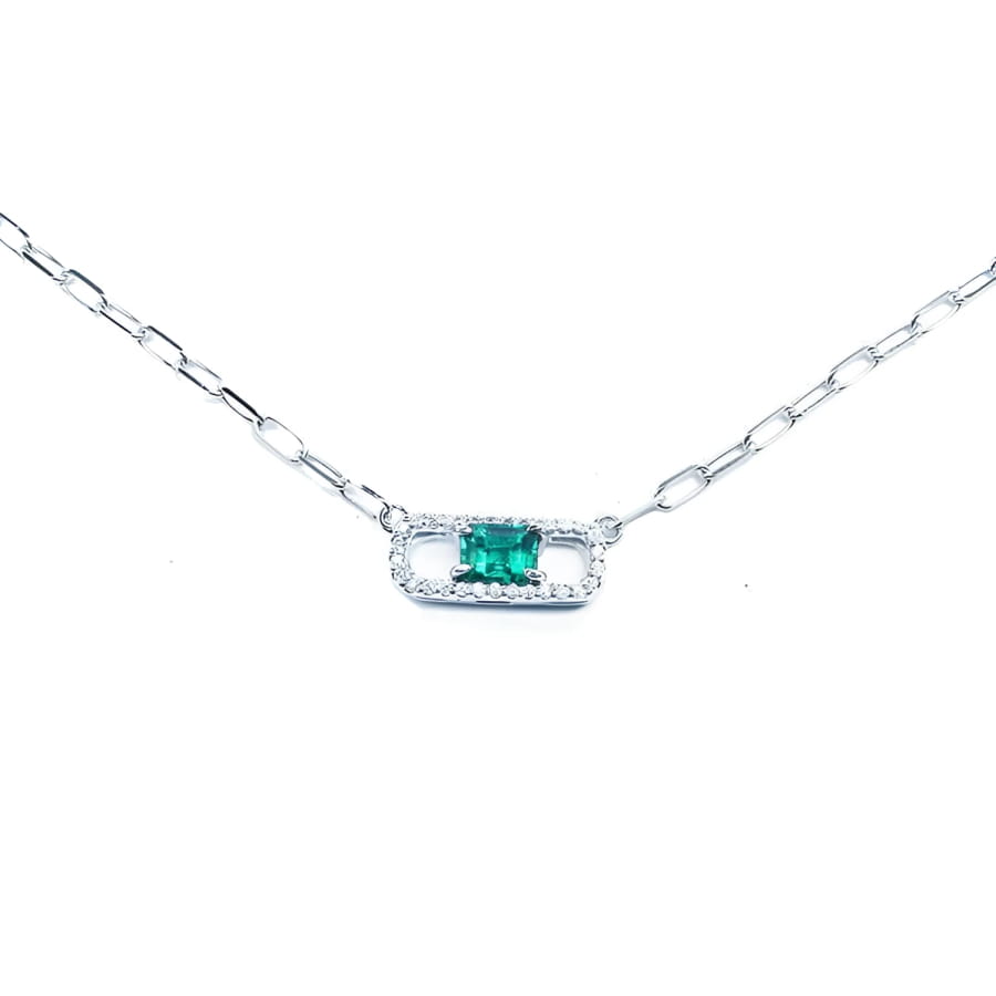 18K white gold paper clip necklace with a vibrant rectangular emerald and diamond halo.
