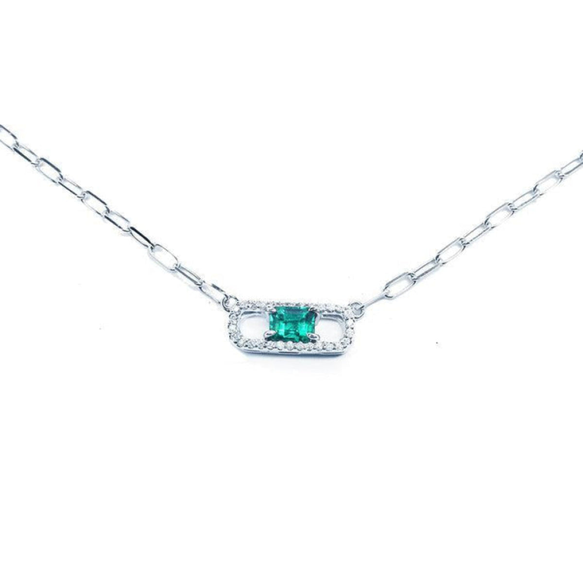 18K white gold paper clip necklace with a vibrant rectangular emerald and diamond halo.