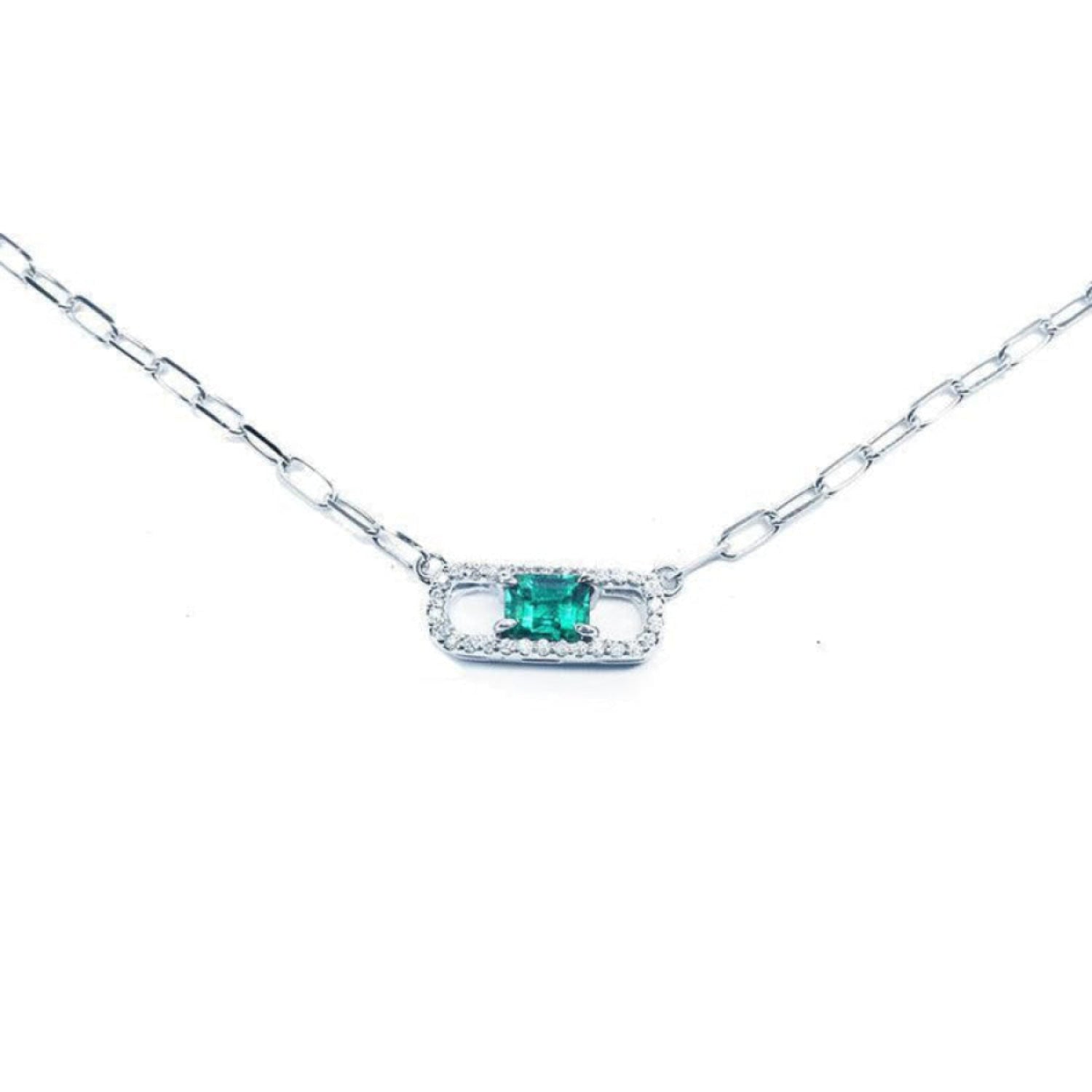 18K white gold paper clip necklace with a vibrant rectangular emerald and diamond halo.