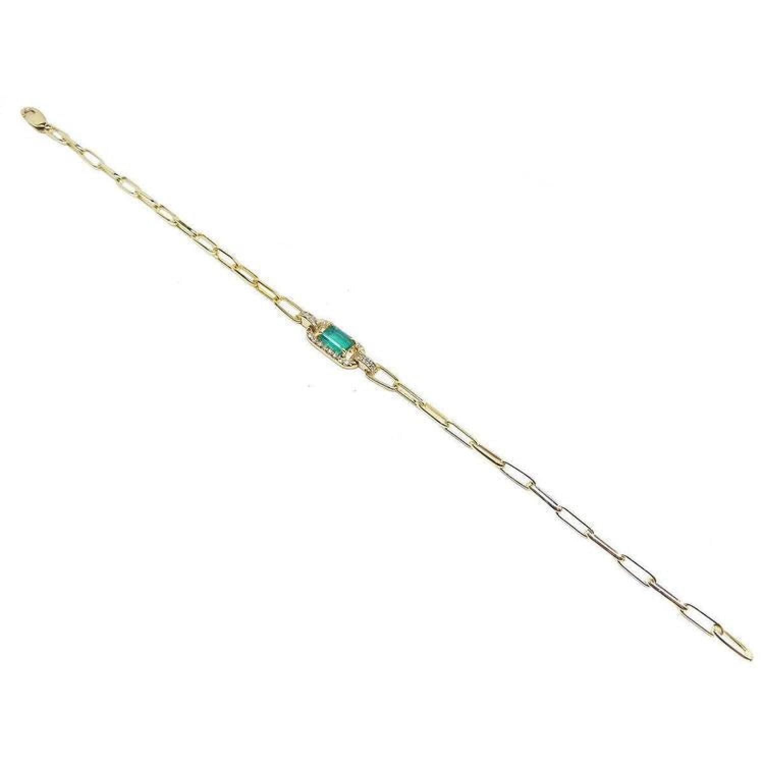 14K yellow gold paper clip bracelet with a rectangular natural emerald and diamond accents.