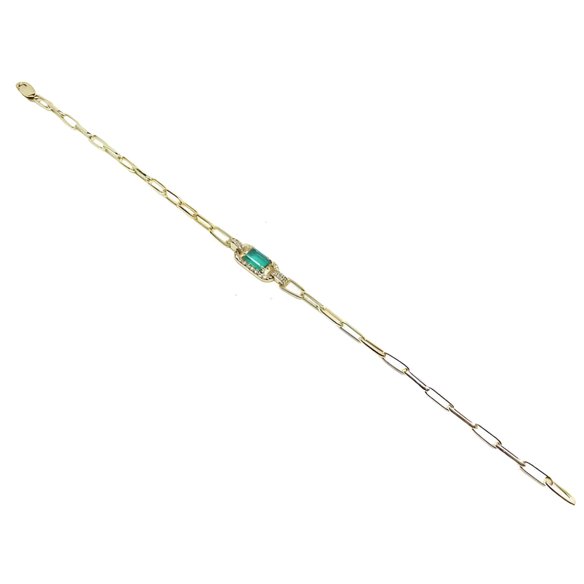 14K yellow gold paper clip bracelet with a rectangular natural emerald and diamond accents.