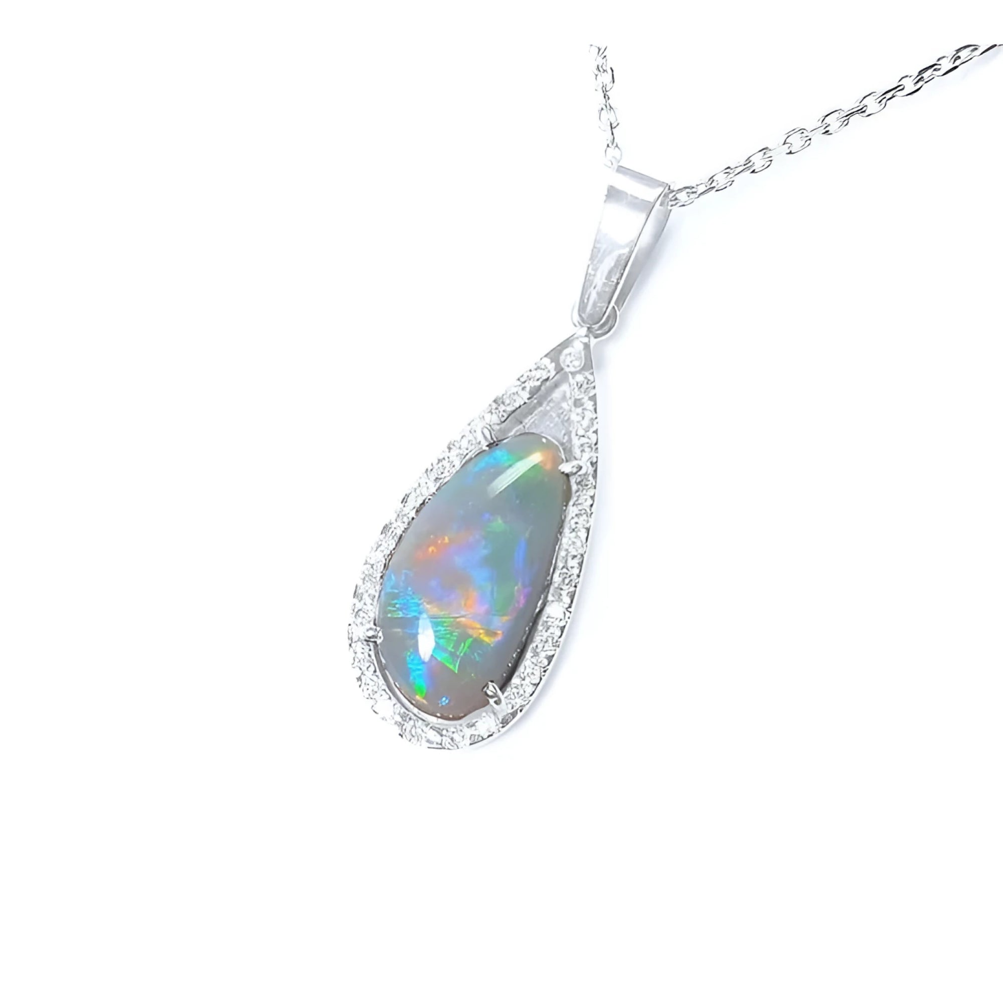 Pear-shaped Australian opal pendant with red, orange, blue, green play of color, halo diamonds, 18K white gold.