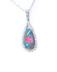 The topside of this opal pendant necklace with a halo diamond shows the topside impresive view.