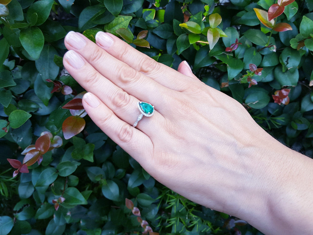 Mother&#39;s day emerald ring bridal style pear cut engagement halo diamond milgrain deco 14k white gold