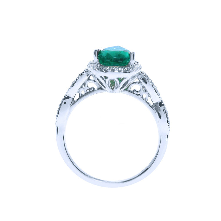 White gold emerald engagement ring bridal style pear cut engagement halo diamond milgrain deco 14k