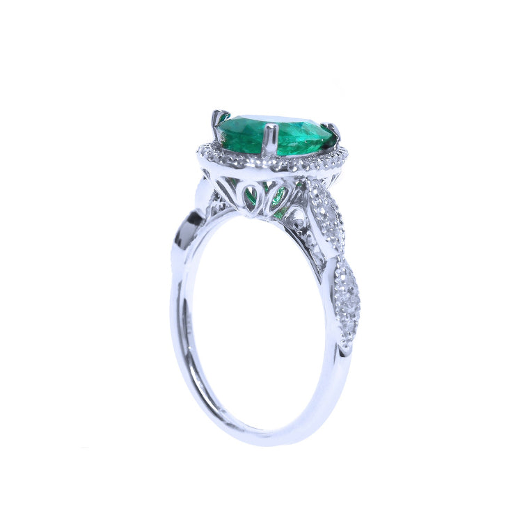 Emerald ring for women bridal style pear cut engagement halo diamond milgrain deco 14k white gold