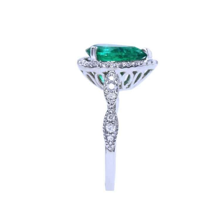 Pear cut emerald and diamonds ring for lady&#39;s bridal style engagement halo diamond milgrain deco 14k white gold