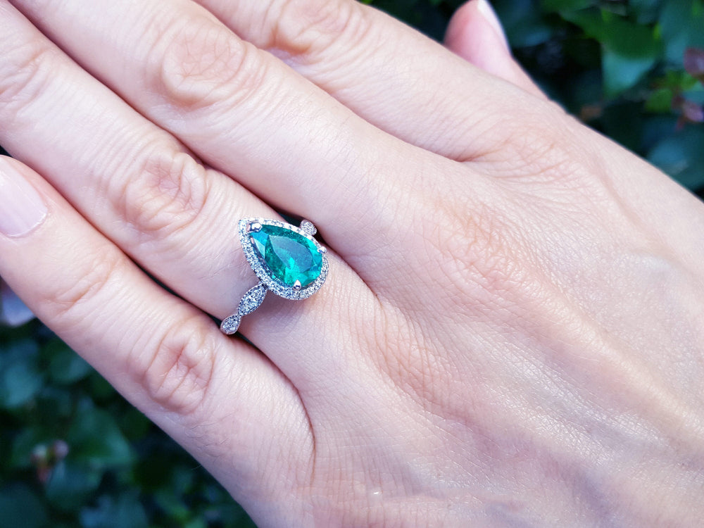 May&#39;s birthstone ring for lady&#39;s bridal style pear cut engagement halo diamond milgrain deco 14k white gold
