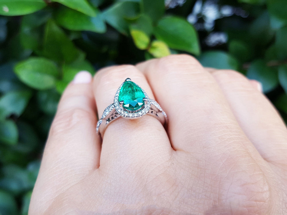 Halo diamond emerald ring bridal style pear cut engagement milgrain deco 14k white gold