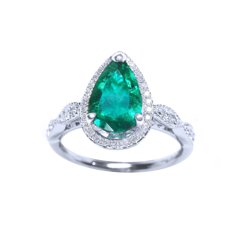 Pear cut 1.43 ct.  Emerald Engagement Ring bridal style halo diamond milgrain deco 14k white gold