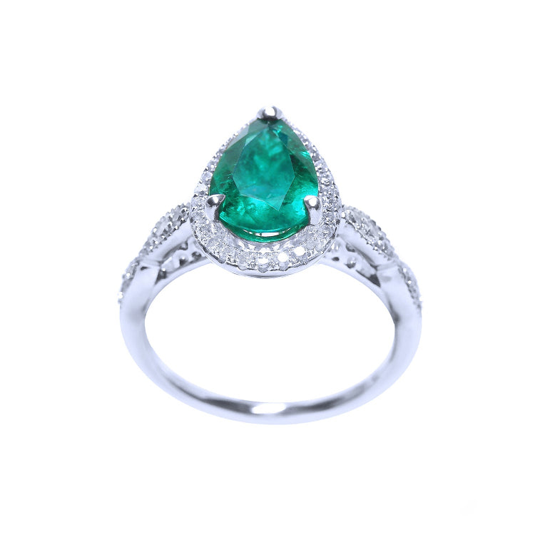 Pear cut emerald engagement ring bridal style halo diamond milgrain deco 14k white gold