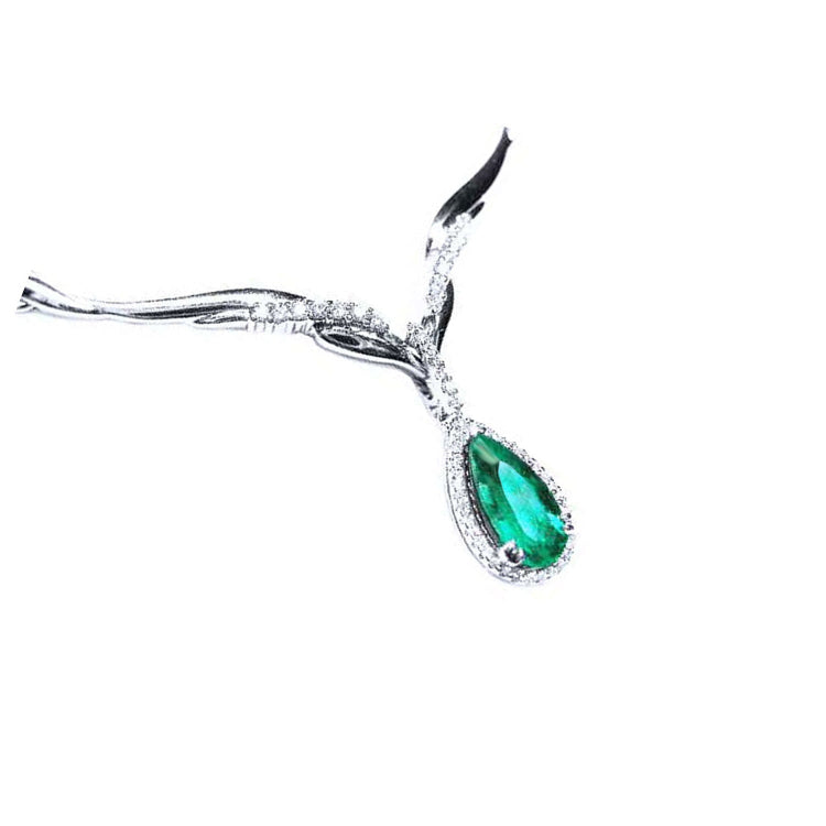 Pear cut emerald necklace 1.28 carats sourced from Muzo mines encircled by a halo natural diamond crafted in 14k white gold