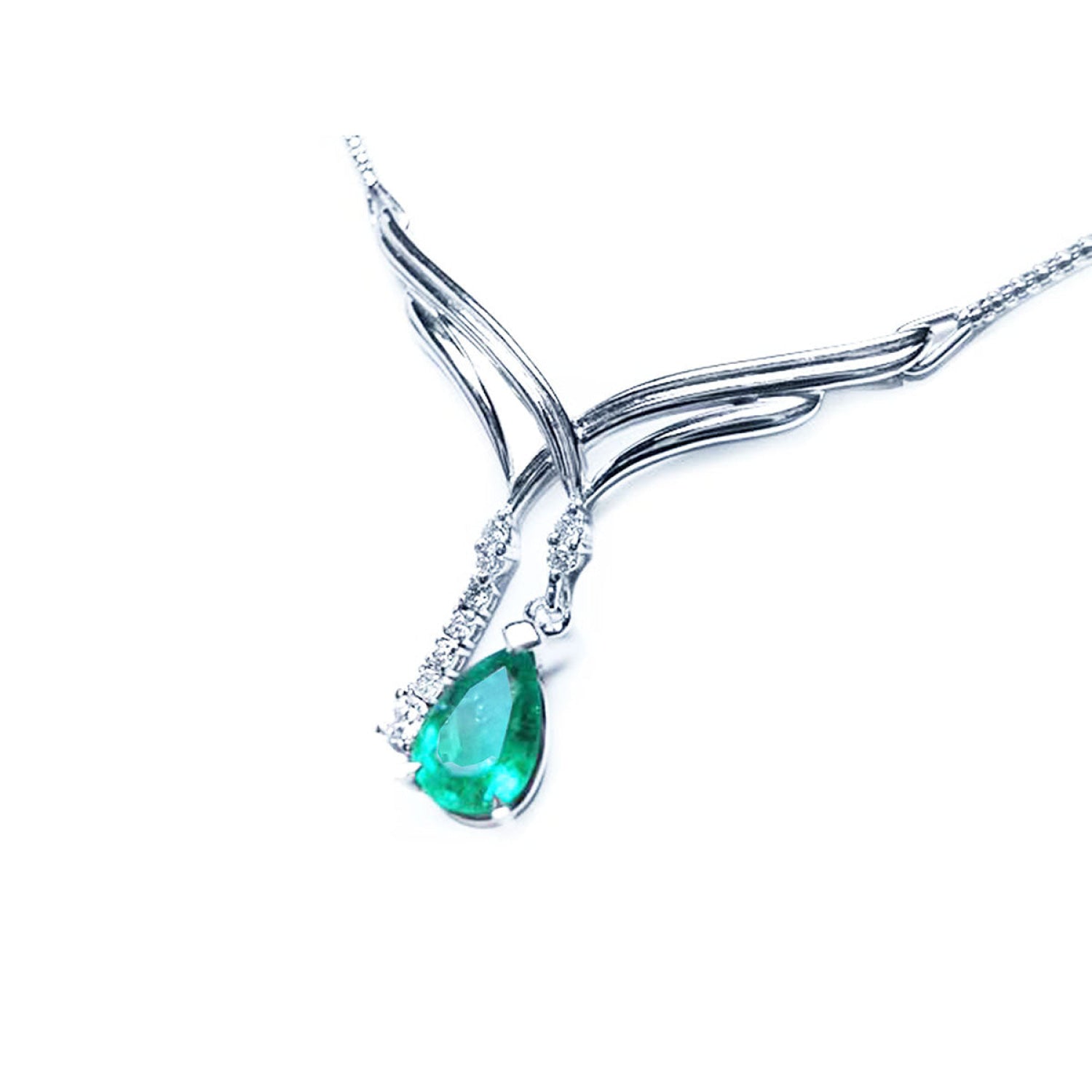 14K white gold necklace with a pear-shaped emerald and diamond chevron design.