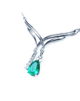 14K white gold necklace with a pear-shaped emerald and diamond chevron design.