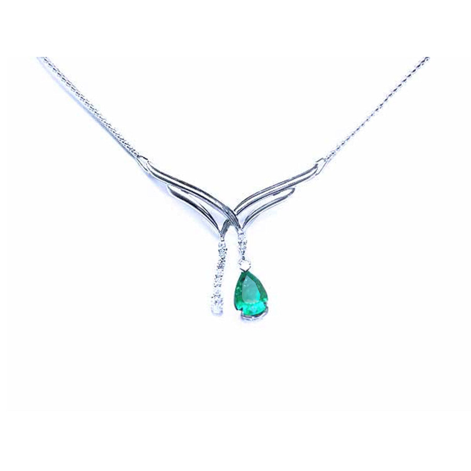 14K white gold necklace with a pear-shaped emerald and diamond chevron pendant.