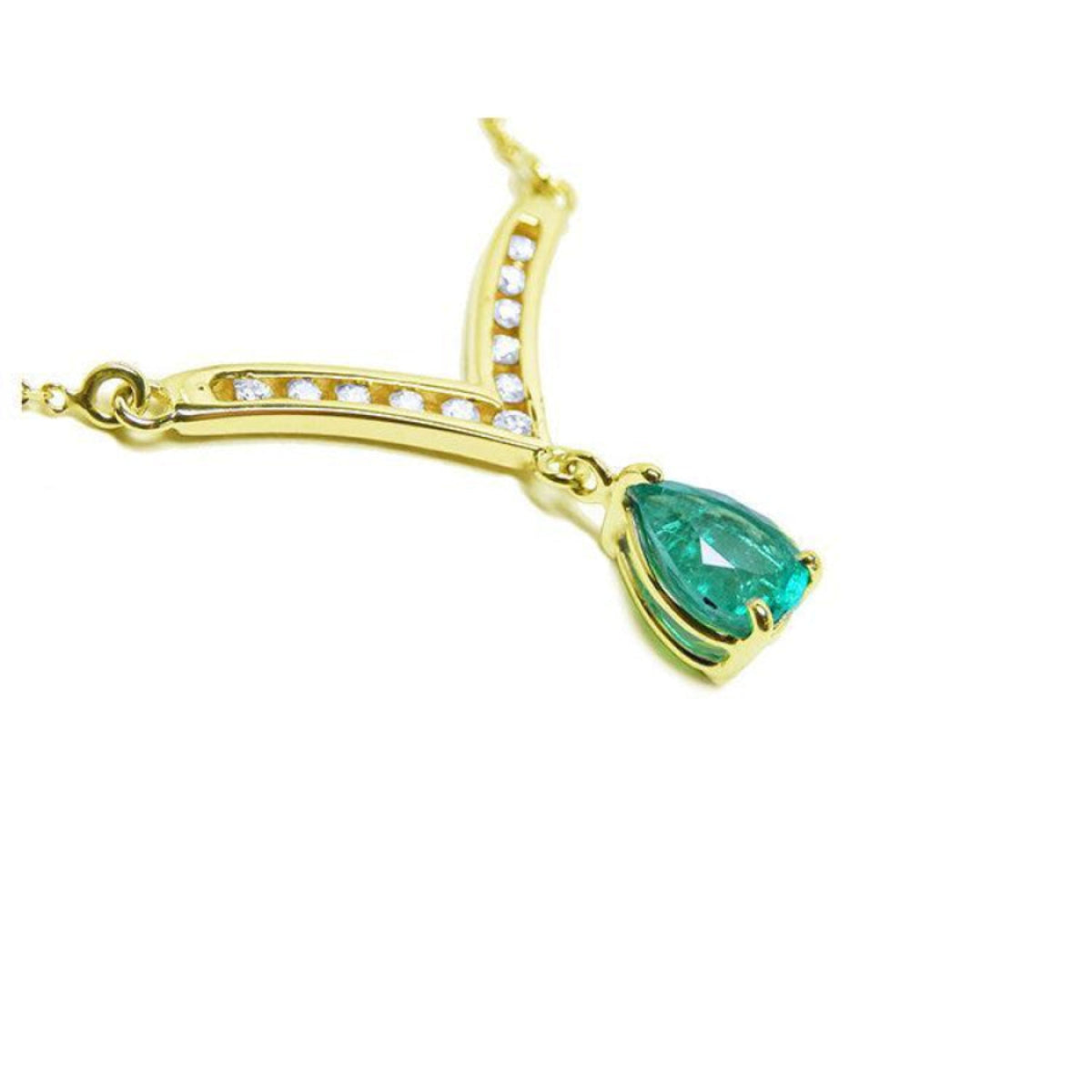 1.01 carat pear cut emerald necklace with accent diamonds set in 14K yellow gold.